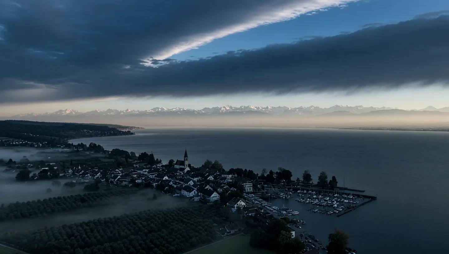 Immenstaad am Bodensee aus der Luft, Ort und Ufer im Morgenlicht